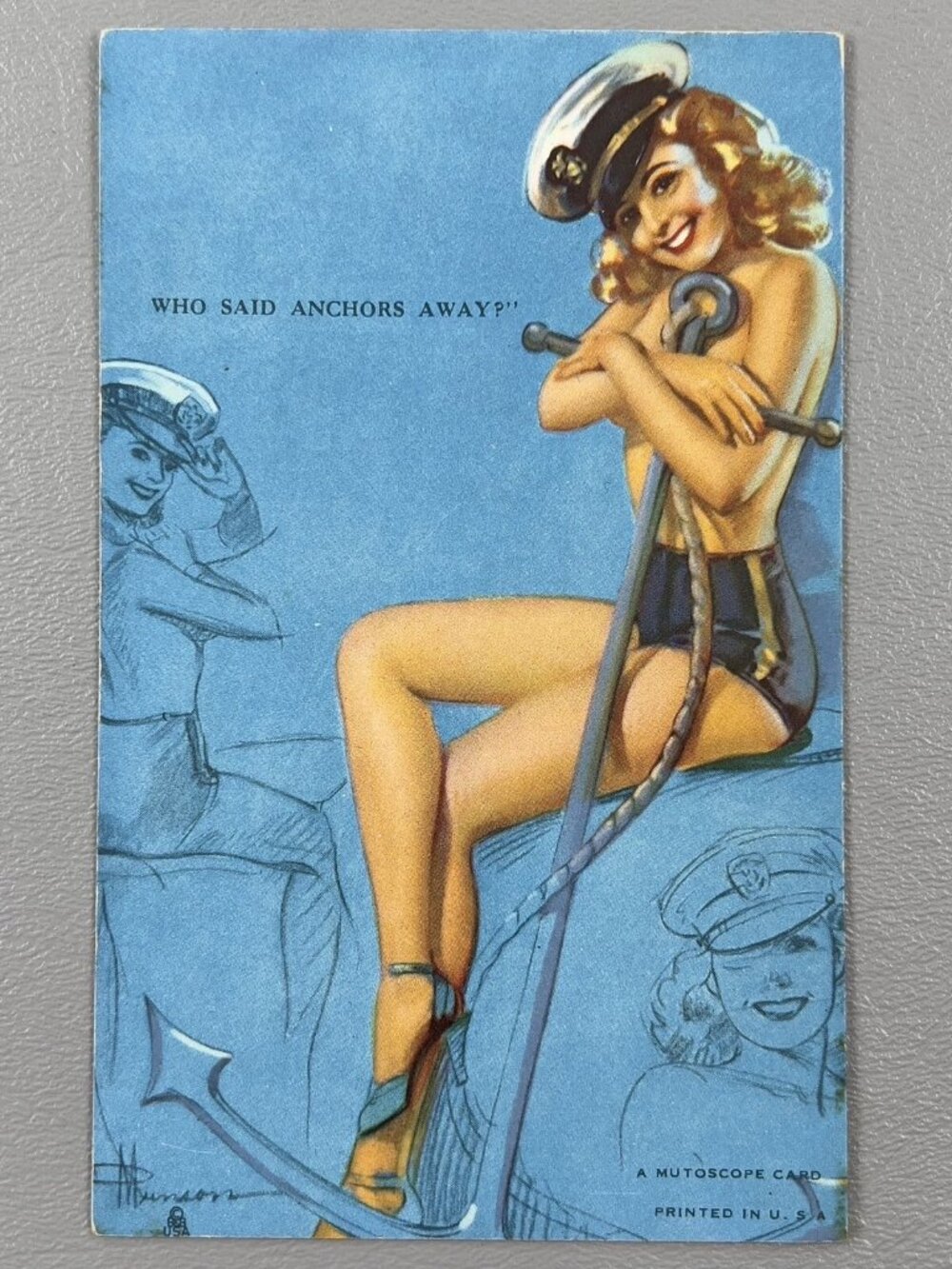 Vintage Mutoscope Card Pin-up Girl Who Said Anchors Away Sailor Navy Cheesecake